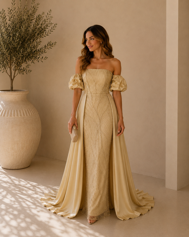 Vestido Gabriela bege dourado