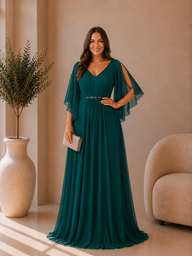 Vestido de cerimónia Juliana Curve XL verde com decote em V e mangas fluidas
