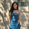 Vestido Madison azul-petróleo, de festa com echarpe