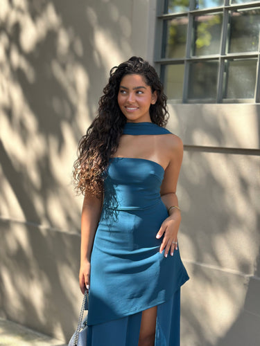 Vestido Madison azul-petróleo, de festa com echarpe
