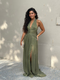 Vestido Liz verde-azeitona, com racha lateral
