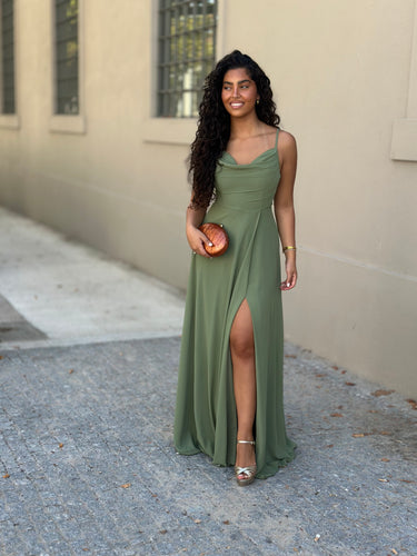 Vestido Dora verde-azeitona, comprido de cerimónia