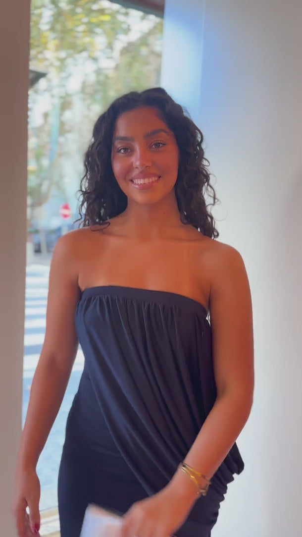 Vestido Ginny azul navy — vista geral e pormenor, sem som